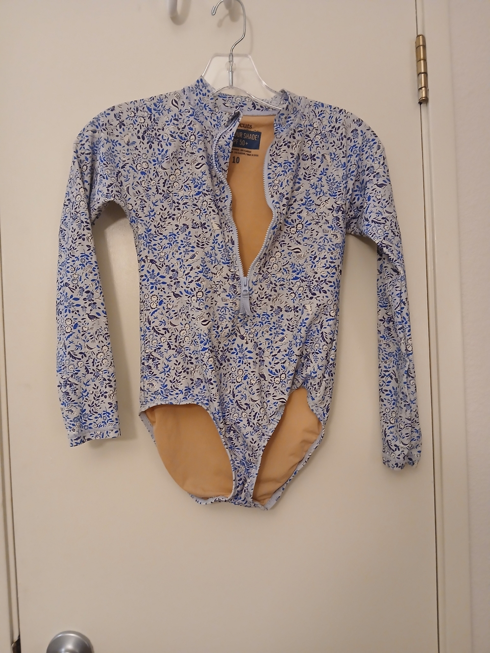 Crewcuts Girls Blue and White Floral Long-Sleeve One-Piece Swimsuit